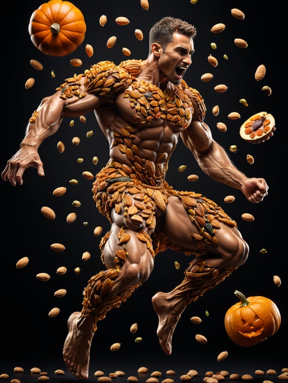 anatomy of a male, human figure made of ingredients, nuts, raisins, almonds, dates, pumpkin seeds, active pose, jumping, running, isolated, black background