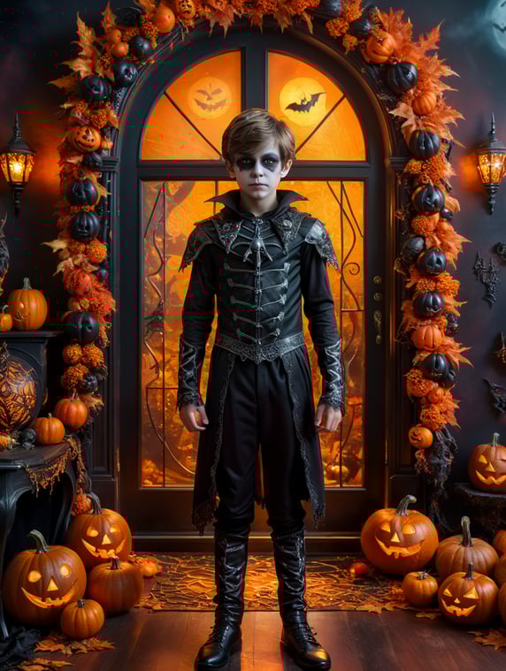 14 year old boy with a Halloween background; Niño de 14 años con un fondo de Halloween