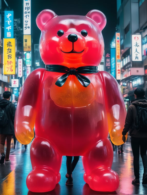 A giant Japanese gummy bear, translucent, 4 stories tall, walking through Tokyo at night, neon rainy city, cyberpunk, techno city