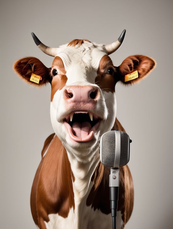 lose-up portraits, laughing hysterical cow with a recording microphone, simple background, clear focus, studio photography, by Leibovitz