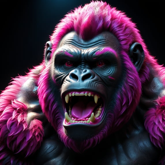 magenta gorilla, cinematic view, hold mobil phone in hand close the head, neon effect, dark background, detailed, realistic magenta fur, mouth close, Magenta neon