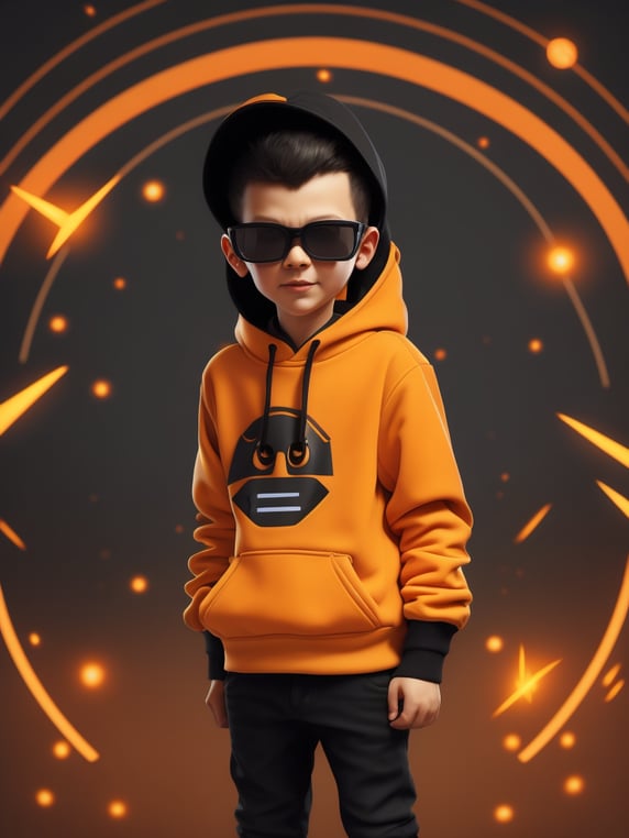 Orange cute style mascot funny wearing black hoodie clothes, astro boy sneakers and a futuristic glasses