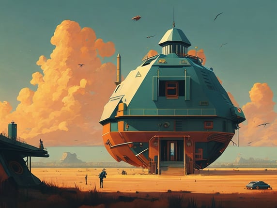A screenshot of No Man's Sky with PS1 aesthetics, by Beeple and Simon Stalenhag