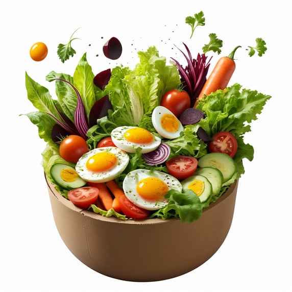 create a realistic image of a cylindrical and low kraft paper pot inside it has a significant amount of varied salad, lettuce, leaves, tomato, egg, carrot, beetroot leaf, they are in movement jumping out, respective and vivid colors, image background white, image centered; crie uma imagem realista de um pote cilíndrico e baixo de papel kraft dentro dele tem uma quantidade significativa de salada variada, alface, folhas, tomate, ovo, cenoura, folha de beterraba, ele estão em movimento saltando para fora, cores respectivas e vivas, fundo da imagem branco, imagem centralizada