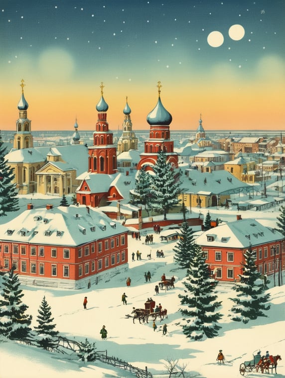 Russia, Tver city, vintage Christmas postcard illustration