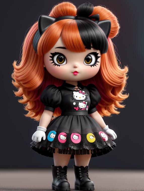 3d hello kitty with half black half ginger hair with fringe, emo makeup with fake eyelashes, black dress, fishnets and heavy boots