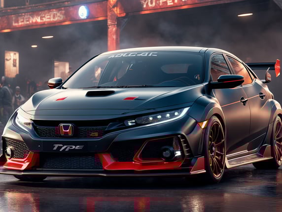 A videogame rendering of a futuristic version of a Honda civic type-r, Asphalt 9 Legends garage style, incredible graphics, 4k
