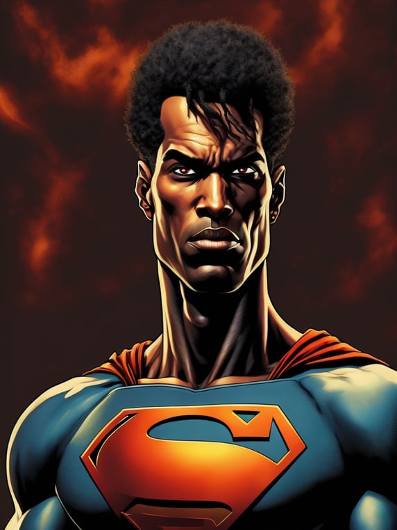 Black Superman, Hero Portrait, Comics, Marvel, Horror, USA, style of Richard Corben