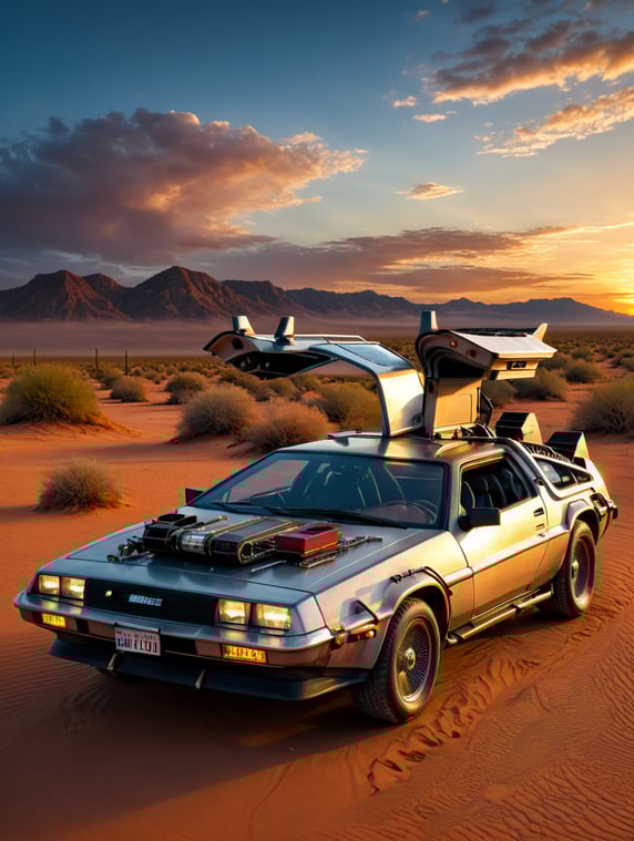 Delorian time machine from `back to the future` movies converted into recreational vehicle parked in the `New Mexico` desert at dusk.
