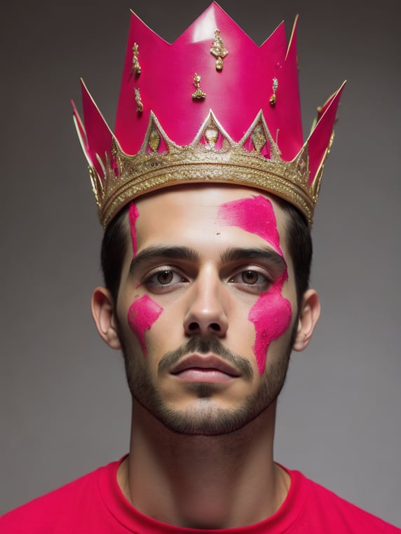 a man wearing a crown with pink paint on his face and a crown on his head by Alejandro Jodorowsky
