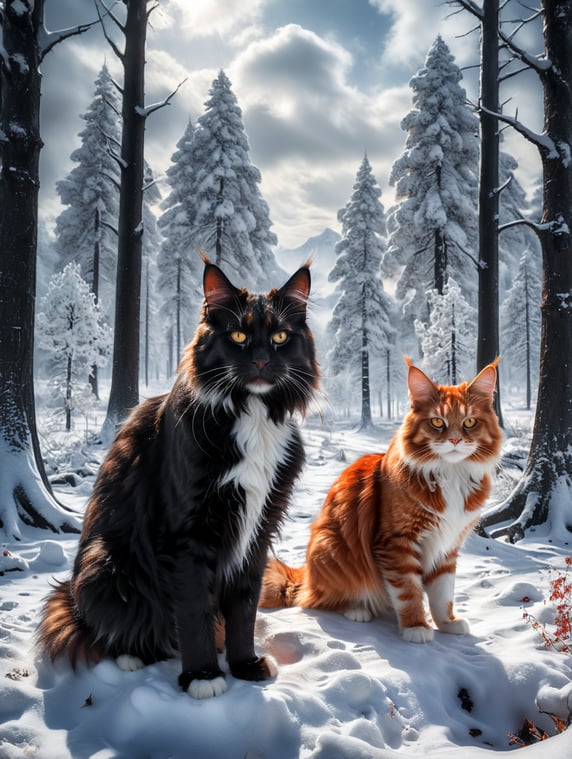 an Icelandic black and white maine coon cat in an snowy environment, with two european short hair red cats, with trees and some deer in the background