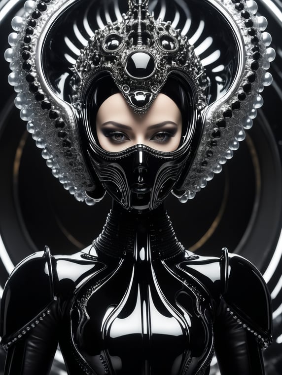 h.r. giger humanoid octoupus king-queen with crown futuristic glass black suit elegant scene futuristic glass design glass melting mask traslucent half mask glass vr and helmet fashion photography, sharp, small spheres floating background, editorial photography