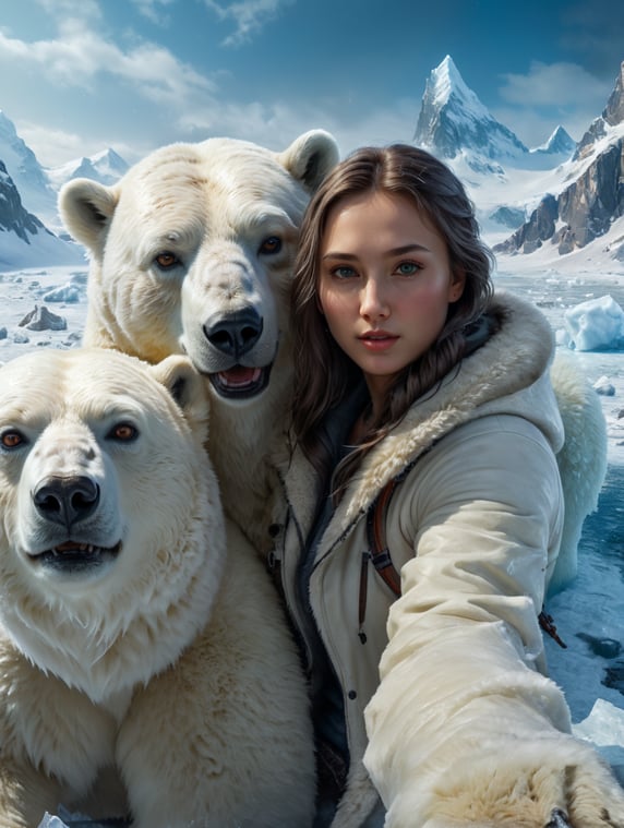 selfie of young woman with a polar bear, polar location, ice and snow, cold environment, highly detailed