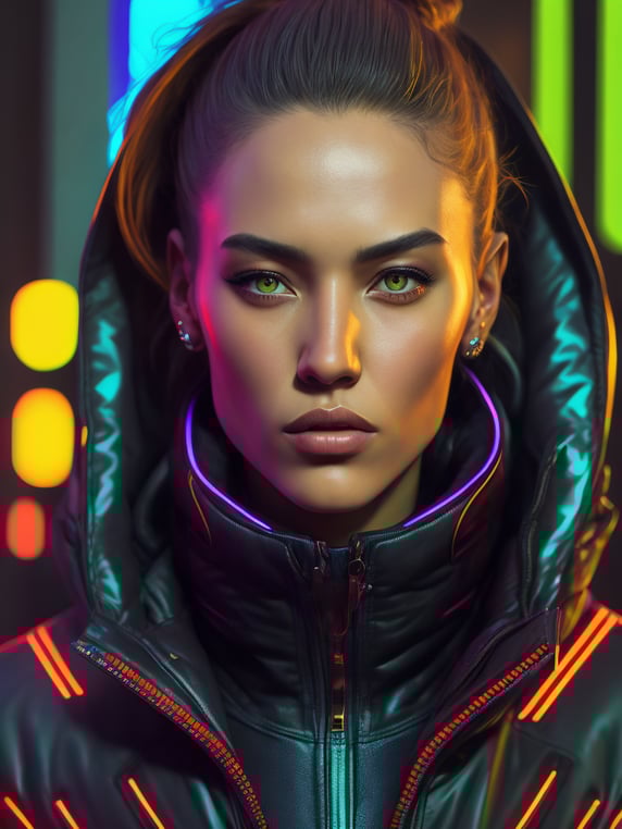 Detailed portrait neon cleaner woman, cyberpunk futuristic neon, reflective puffy coat, perfect face, fine details