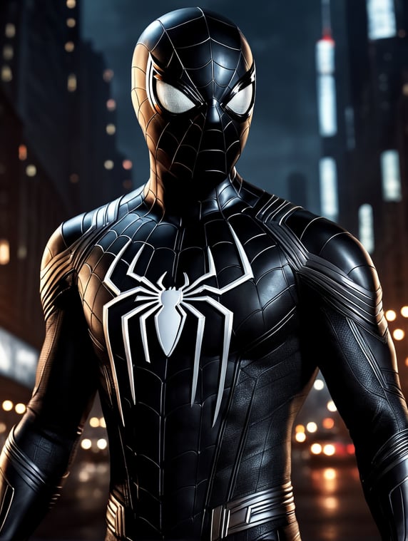 Portrait painting of Spider-Man wearing a black leather suit, ultra realistic, concept art, intricate details, eerie, highly detailed, photorealistic, octane render, 8k, unreal engine. art by artgerm and Jim Lee, NYC in the background, Full Body, Night time