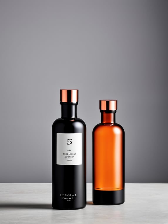 Tall minimalist glass bottle design with vibrant colors for a luxurious matte black perfume with a conical shape and a handcrafted hammered copper worn cap. With a minimalist label of legal aspects.; Diseño de botella minimalista alta de cristal con colores vibrantes para un perfume de lujo color negro mate con una forma cónica y con una tapa con aspecto artesanal de cobre martillado desgastado. Con una etiqueta minimalista de aspectos legales.