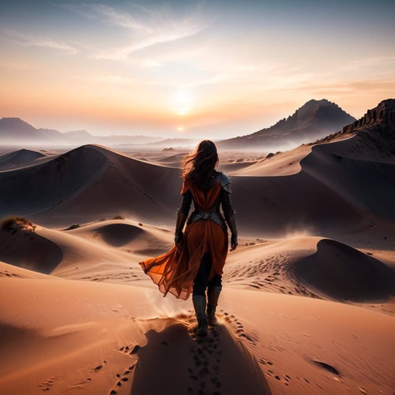 view from behind(((ethereal misty orange cloaked woman figure))), clad in light tones, advancing through a (((dunescape))) under a (glowing, ethereal suset), with (vast, silvery sand dunes) reflecting an otherworldly light around its surroundings, abstract art