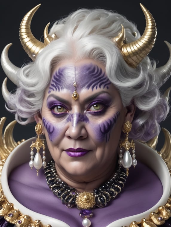 a fat, 57-year-old female sea demon with short white hair flowing upward, gray eyes, purple skin with some dark spots, five fingers on each hand, long black nails, gills on her neck, white sea shell earrings, chain of fine gold, gold ring with a pearl,
