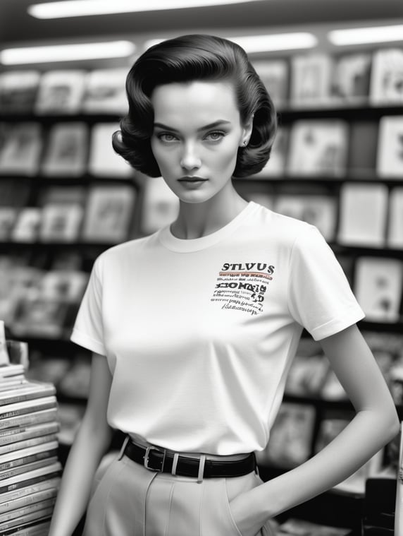 Extremely detailed photographic image, grained image, beautifully composed, monochrome image, 50's fashionable image, fashionable magazine photography, leica summicron 35mm f2.0, kodak 400tx, fashion photography, fashionable model, william s. burroughs, Woman wearing blank white T-Shirt in Clothing Store Mockup, mock up