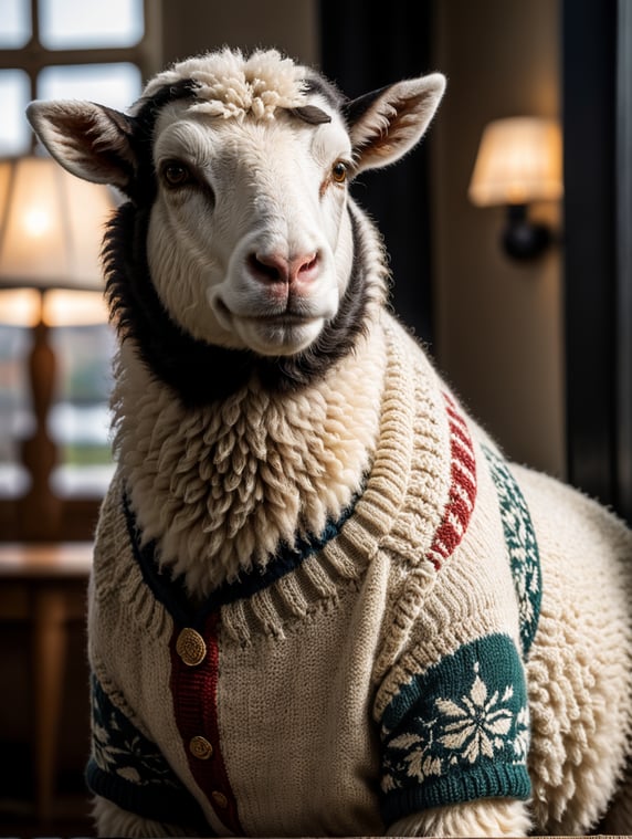 a white sheep wearing very hirsute crocheted sweaters for sheeple, portrait