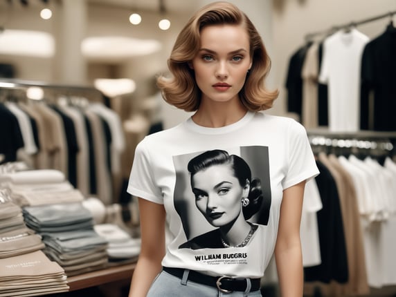 Extremely detailed photographic image, grained image, beautifully composed, monochrome image, 50's fashionable image, fashionable magazine photography, leica summicron 35mm f2.0, kodak 400tx, fashion photography, fashionable model, william s. burroughs, Woman wearing blank white T-Shirt in Clothing Store Mockup, mock up