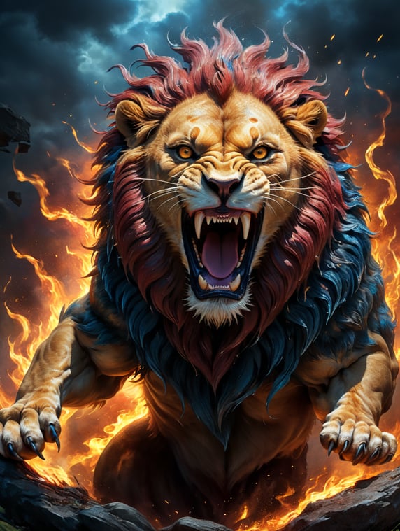leaping lion wildlife firestorm maroon blue gold fierce snarling illustration