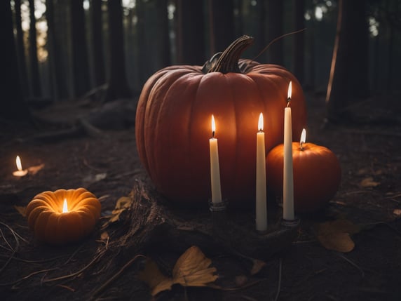 On top of the roots of a dark tree. Night. Pumpkin. Dripping thin and long candles on forest ground. Many Shadows and dim scene. Red undertone.