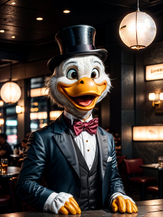 Photo of Scrooge McDuck tanuet, Micron in Hand, Modern Restaurant, Happy, Contented, Evening, 2023, Front Lighting, Fujifilm Pro 400H, Full Body Shot, Romance