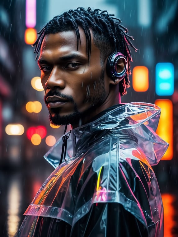 Cyborg black man wearing transparent raincoat, cyborg parts, rainy dark and neon tokio photo shoot, cyberpunk style, bright colours, high contrast, contrast lights
