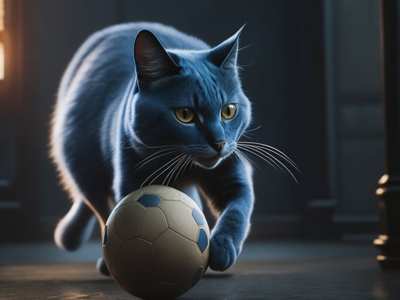 blue cat playing with a ball; синий кот, играющий с мячом