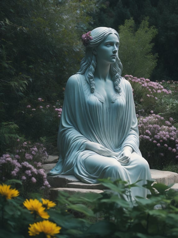 Classical greek landscape with marble statue, surrounded by realistic and magical flowers,, cinematic, hyperrealistic, pre-raphaelite style