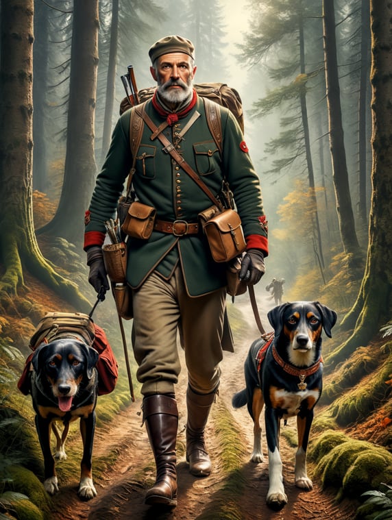 Retro poster an old Austrian hunter with a hunting dog walks along a forest path, dressed in traditional Austrian clothes, carrying a backpack with things, caught game in his belt