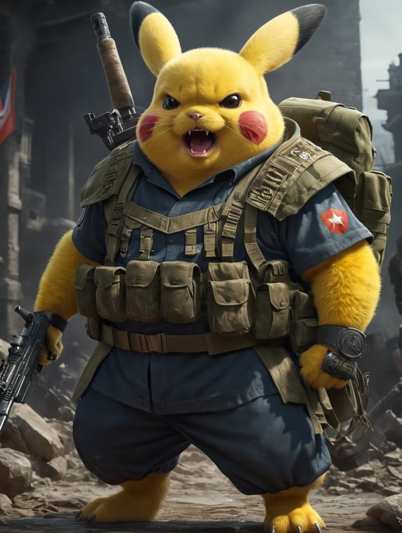 pifatchu the angry fat brother of pikatchu with fangs and claws wear military clothes and hold an AK