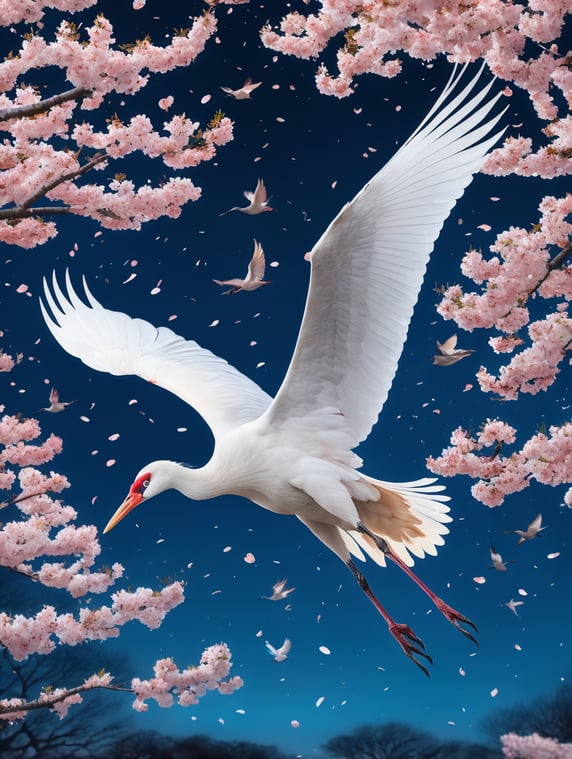 A Japanese crane flying in a blue night sky surrounded by falling cherry blossoms
