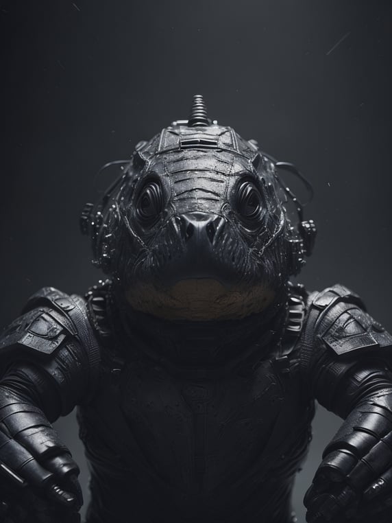 Portrait of a cybernetic black turtle, sunburst around head, deadly face with power armor, ultra realistic, intricate details, highly detailed, photorealistic, octane render, volumetric lighting.