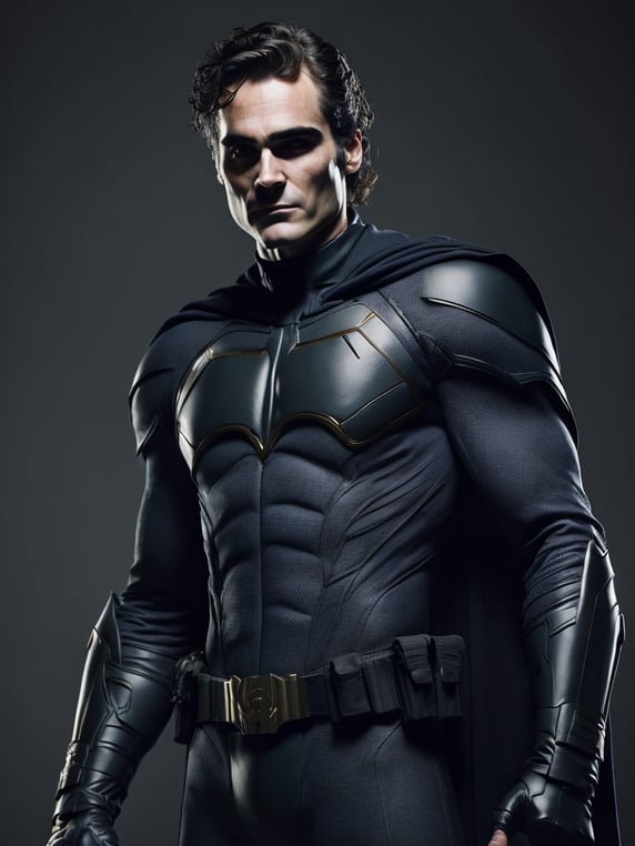 Joaquin phoenix as bruce wayne with batsuit in batman movie, full body