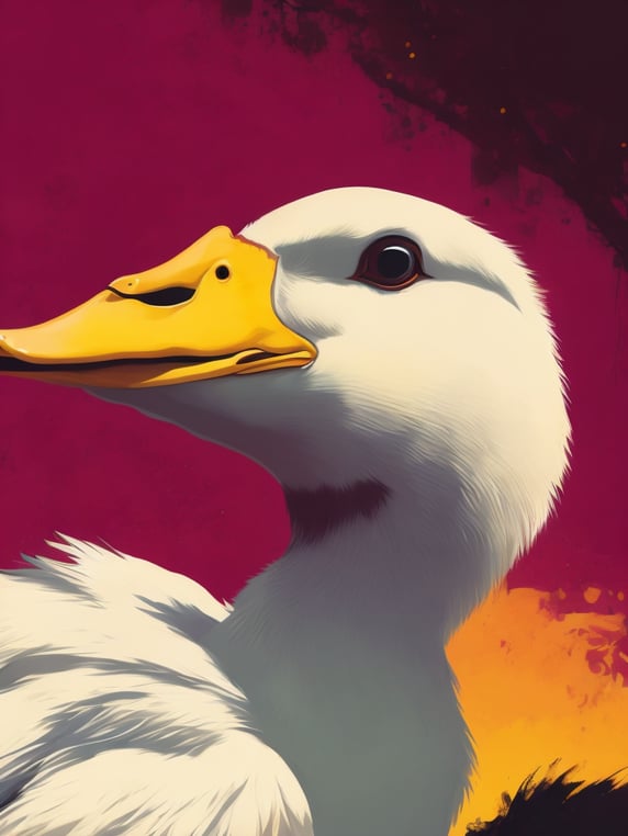 Highly detailed portrait of a white duck, by atey ghailan, by greg rutkowski, by greg tocchini, by james gilleard, by joe fenton, by kaethe butcher, gradient yellow, black, brown and magenta color scheme, grunge aesthetic! graffiti tag wall background