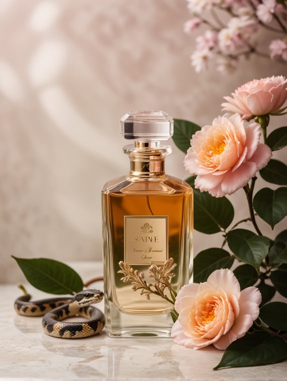 Floral background with minimalistic perfume bottle and snake next to the bottle