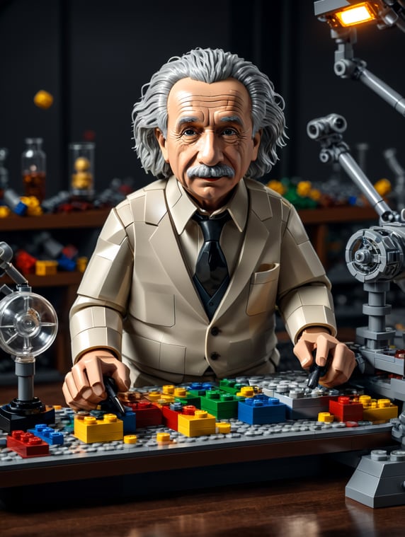 Albert Einstein in a lab with some lego bricks on the table