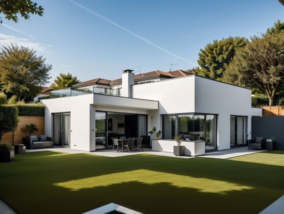 Modern living room interior, a room 4.5 meters wide and 5.5 meters long with a 3-paned glass door leading to a covered terrace at the back. To the left of the door was modern living room furniture with a television. On the opposite side of the TV was a modern L-shaped gray leather sofa with 3 seats on one side and 2 on the other. In front of the sofa is a black glass table. A woman is sitting on the sofa drinking coffee while looking out towards the terrace. Modern lines.; Interior living room modern, o cameră de lată de 4.5 metri și lunga de 5.5 metri cu o ușă de sticla cu 3 geamuri care da către o terasa acoperita aflata în spate. În stânga ușii se afla mobilier modern de living cu televizor. Pe partea opusă televizorului se afla o canapea din piele gri moderna în forma literei L cu 3 locuri pe o latura și 2 pe cealaltă. În fata canapelei e o măsuță de sticla neagră. Pe canapea este așezată o femeie care bea cafea în timp ce se uita către terasă. Linii moderne.