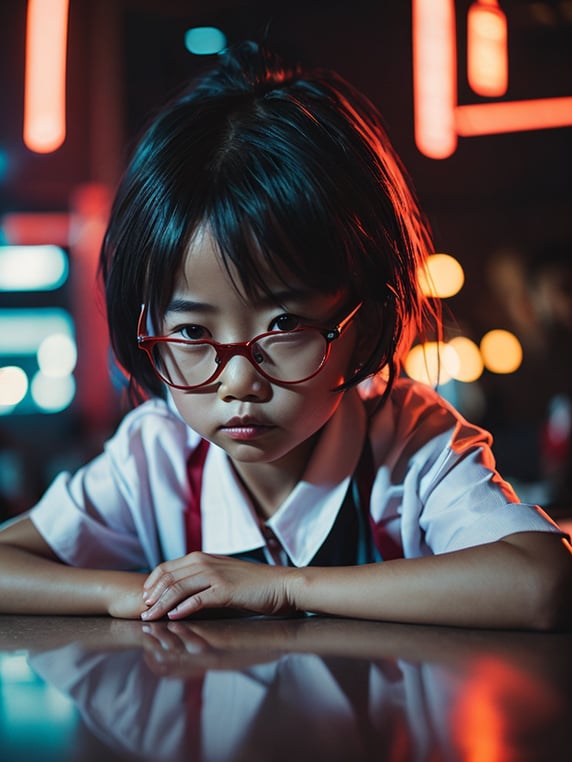 professional photo, portrait of an Asian girl 7 years old sitting in a night bar at the counter, face from the scary movie, red reading glasses, school dress, dark bob hairstyle, red Chinese lights, focus on a girl, red lighting, low light, dark atmosphere
