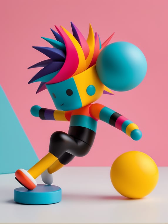 Vinyl toy of a skater character with lots of hair in vibrant colors inspired by the Bauhaus triadic ballet in a minimalist design set; Vinil toy de un personaje skater con mucho pelo de colores vibrantes inspirados en el ballet triadico de la Bauhaus en un set design minimalista