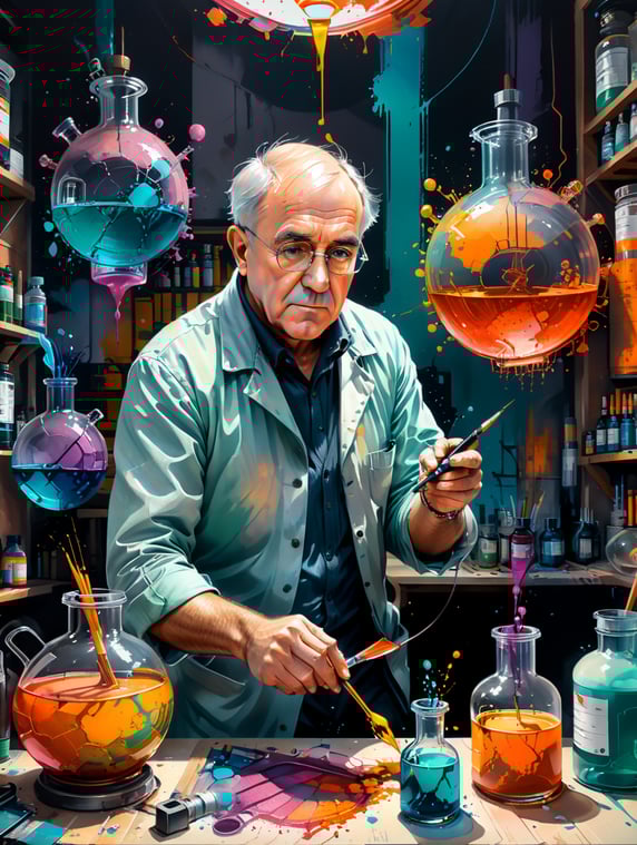 Thomas Edison in a lab mixing chemicals