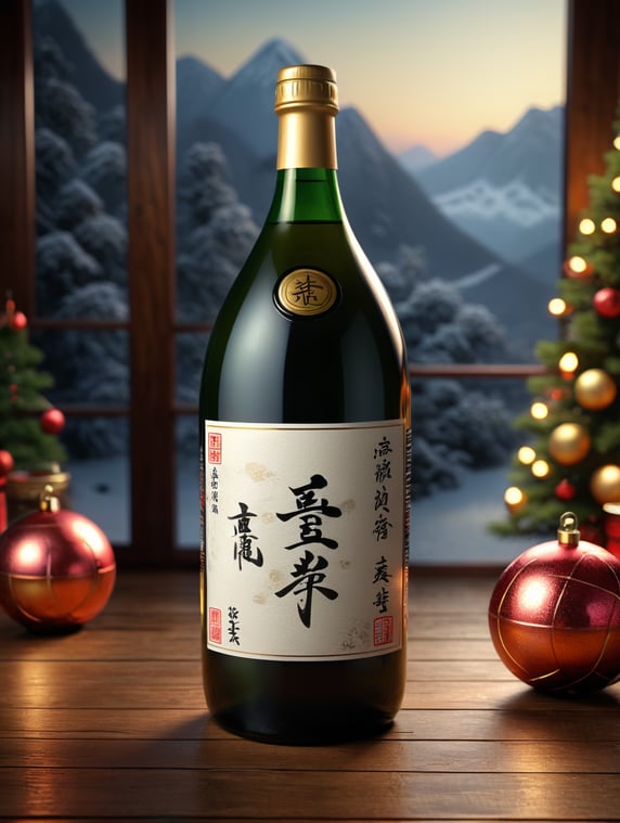 Realistic bottle of Sake, high-quality rendering, detailed label, elegant glass material, soft ambient lighting, reflective surface, christmas background, 4K resolution, ideal for online presentation