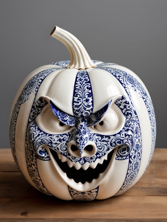 a white halloween pumpkin, ceramic glazed, Azulejo