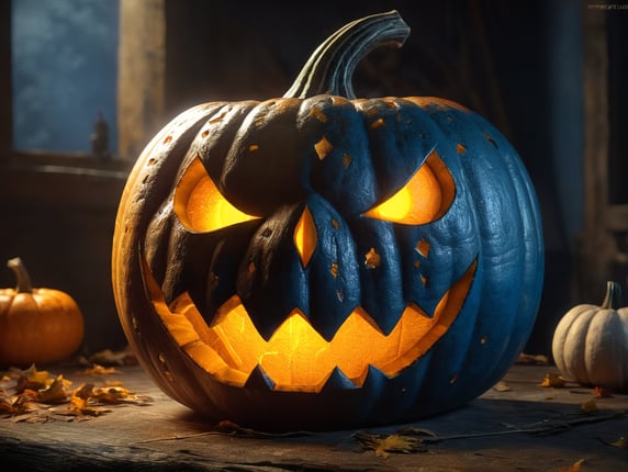 Halloween pumpkin with yellow warm light from inside and blue rim light