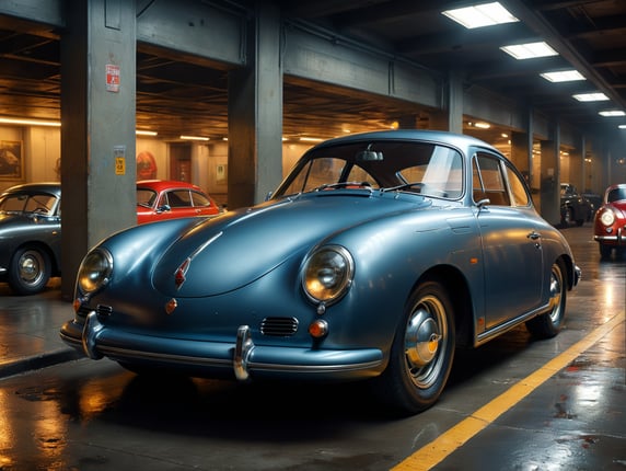 beautiful oil matte portrait painting, porsche 356 new york parking garage, wonderful masterpiece highly detailed, beautiful cinematic light deep focus, elegant, digital painting, smooth, sharp focus, golden ratio, dramatic illumination, ultra realistic, 8k, art by jimmy law, christmas decorations