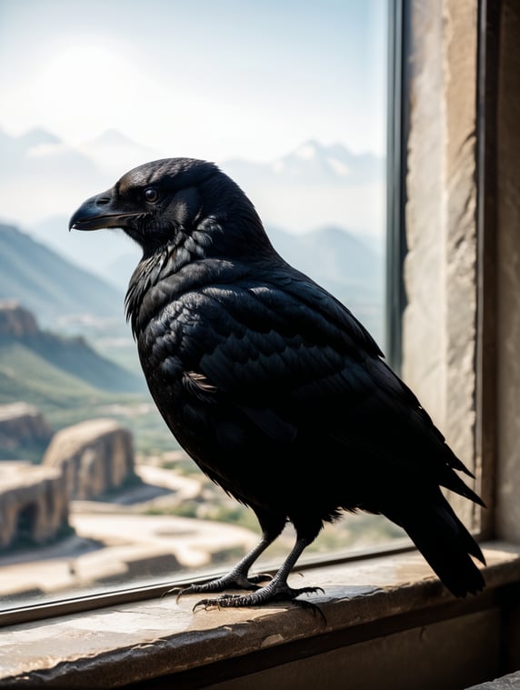 Black crow posing on a window. Behind it a rocky landscape and the symbol of the air element