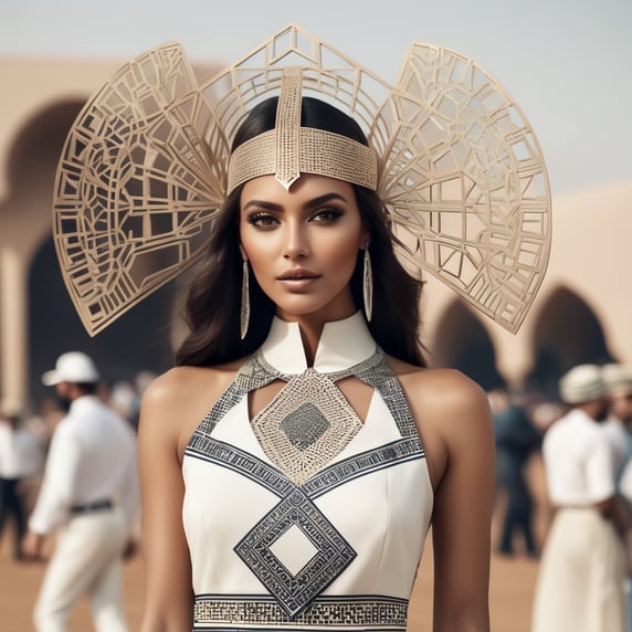 a beautiful woman facing foward high fashion, wearing a head piece inspired by geometric patterns, Dubai architecture, worn at the horse races
