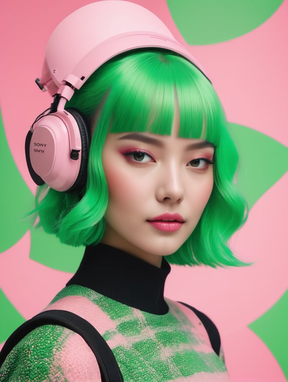 pink green black cream noise patterns risograph girl, happy surrealism, fashion, shot on sony, edited with Maya, Nuke, Blender, Fusion, Houdini